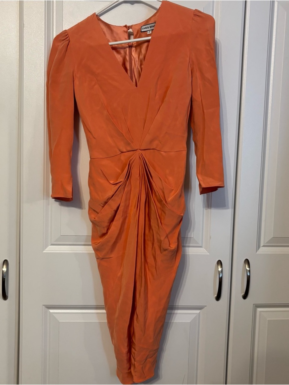 Chris Benz Coral-Orange V-Neck Ruched Midi Dress Size 2